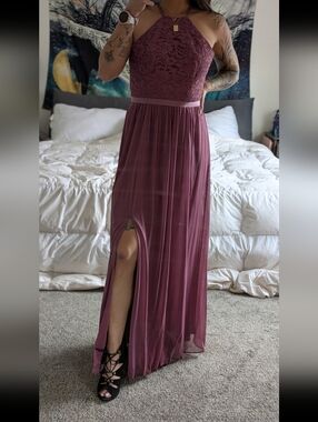 David's Bridal Mauve Cross-Back Maxi Dress